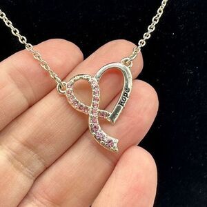 Silver Tone Pink Rhinestone Hope Stamped Breast Cancer Awareness Necklace 16"‎